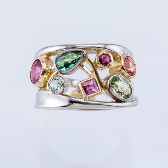 Anel Vintage Colorido em Vidro Dourado e Prateado