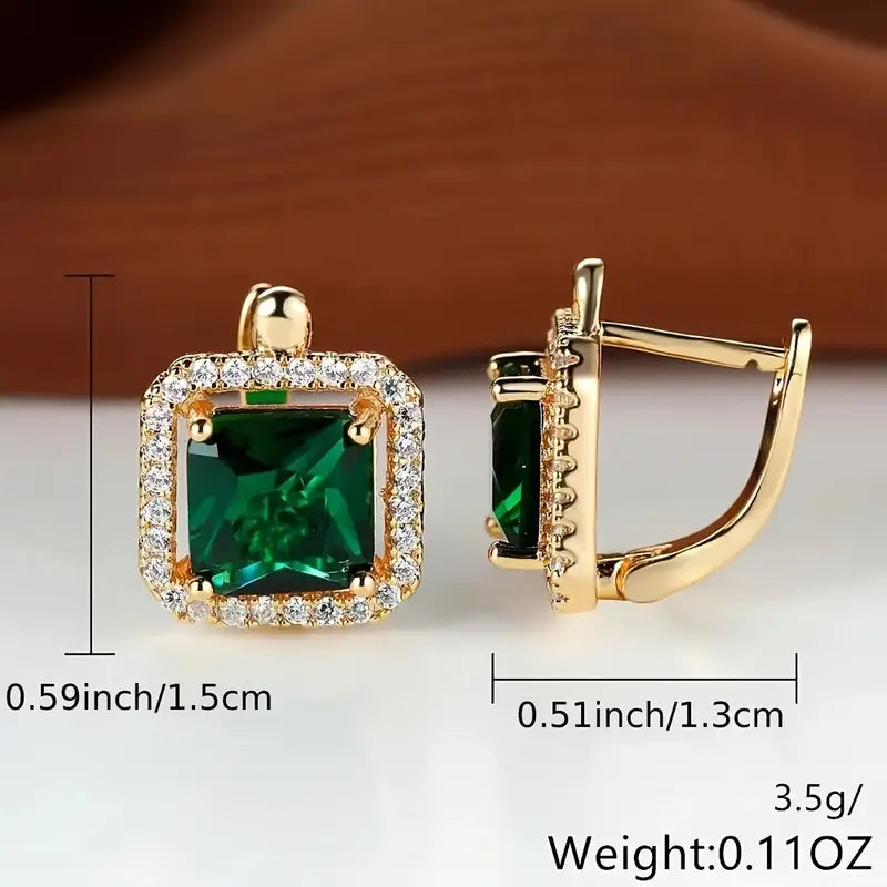Brincos Dourados com Zircónia Verde Quadrada
