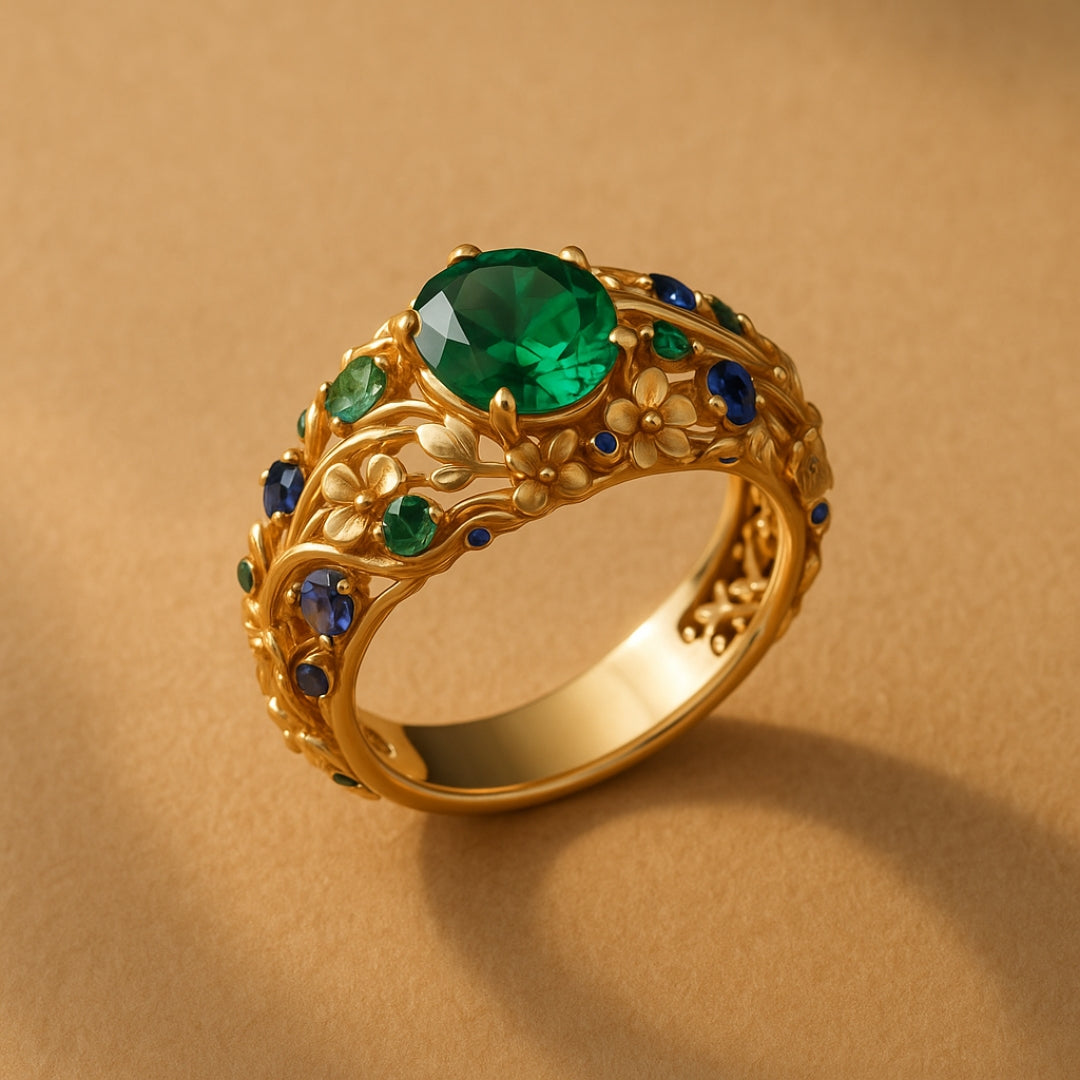 Anel de Ouro com Cristais Verdes e Azuis