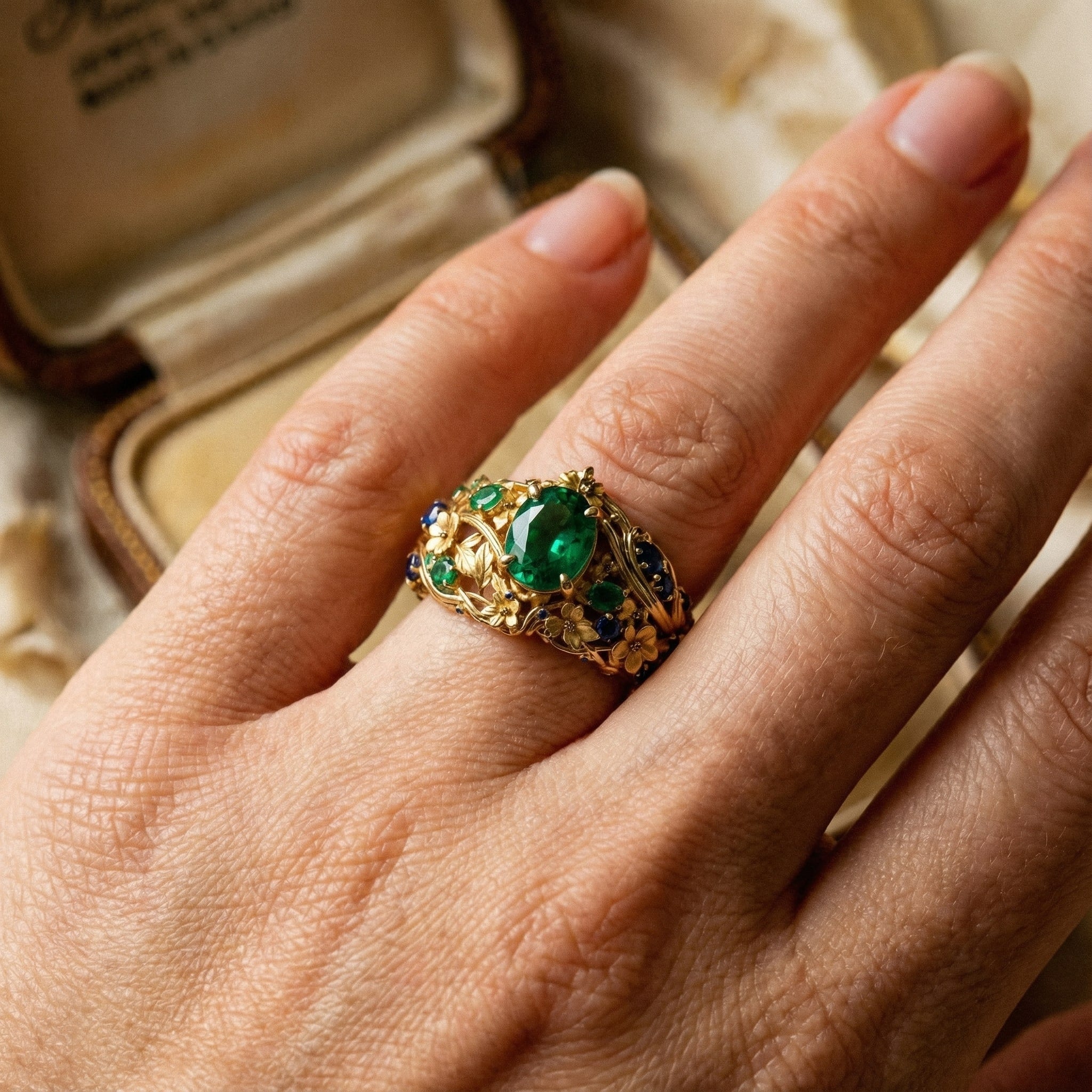 Anel Dourado com Cristais Verdes e Azuis