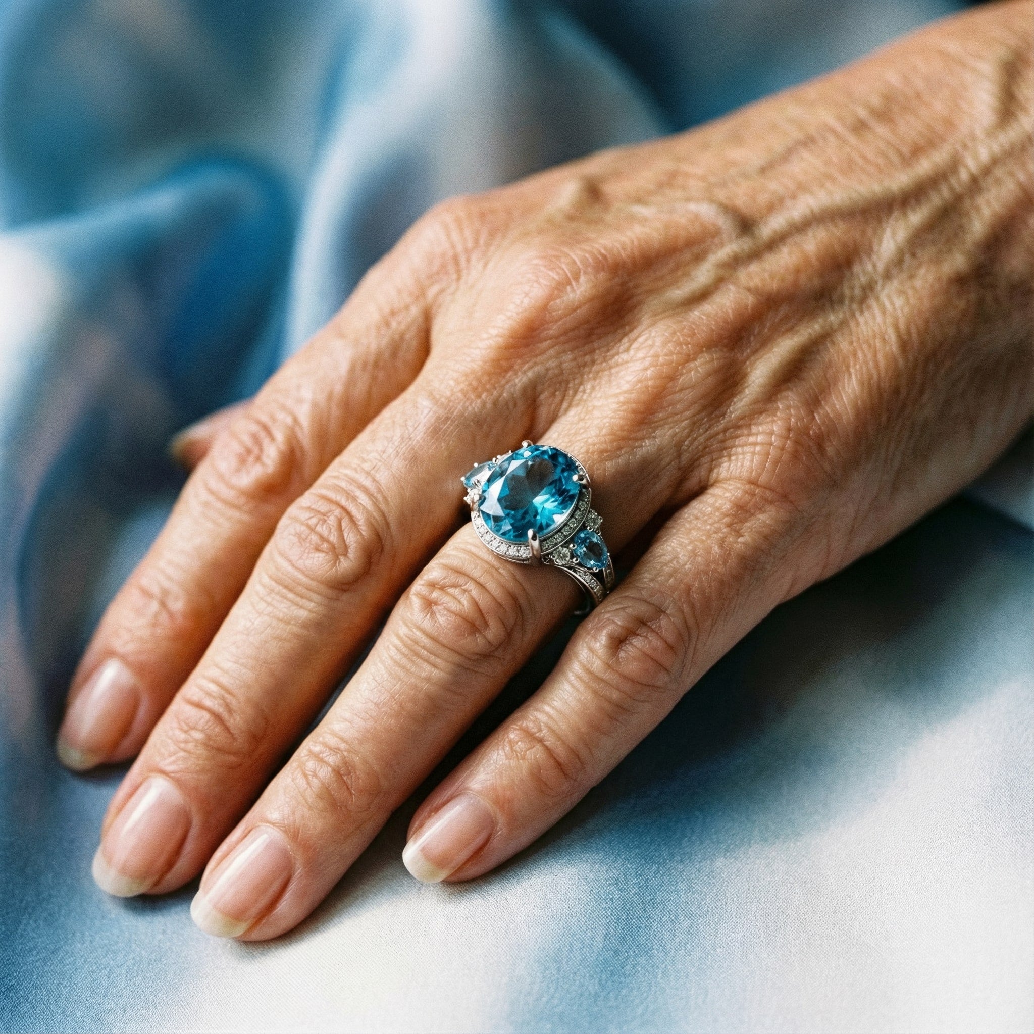 Anel Vintage em Prateado com Cristal Azul