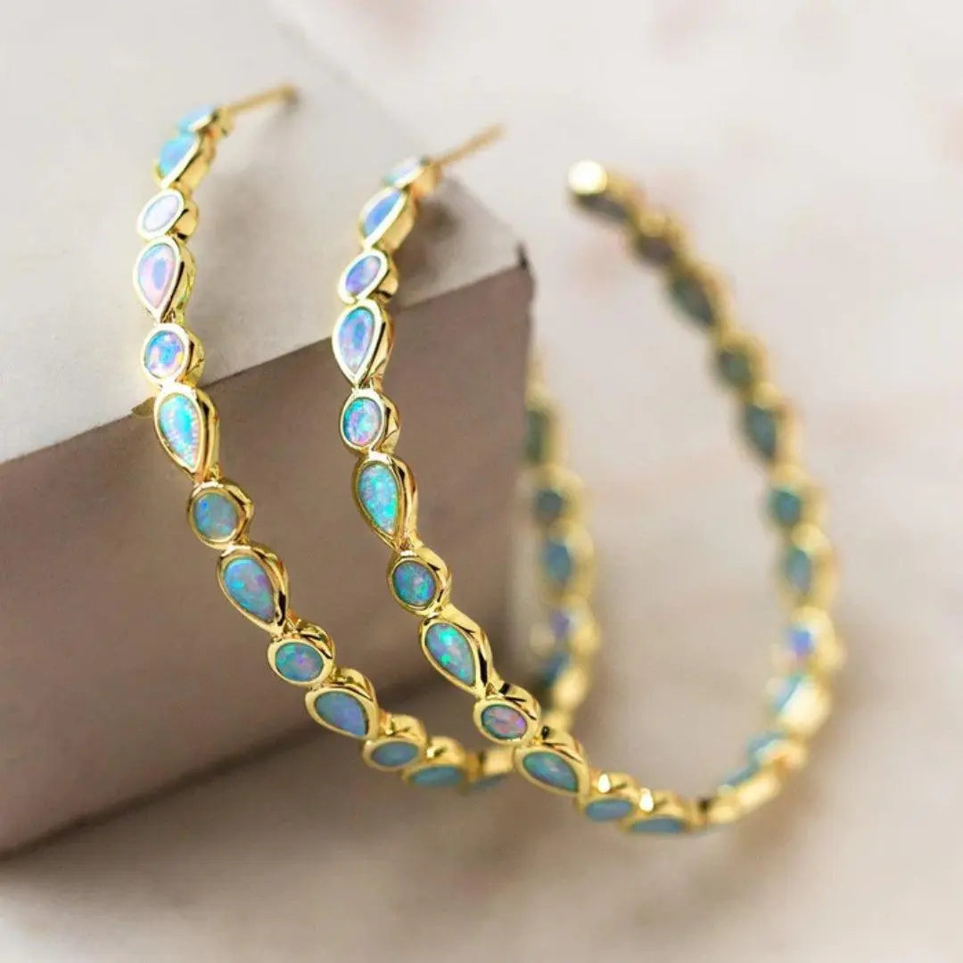 Brincos Vintage de Opala Azul em Ouro