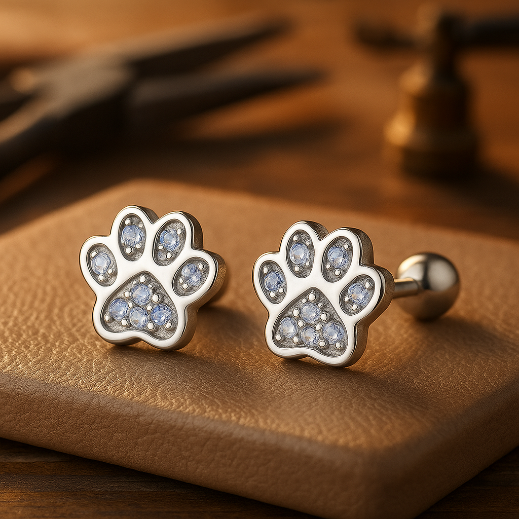 Brincos de Prata Esterlina com Impressão de Pata – Detalhe em cristal