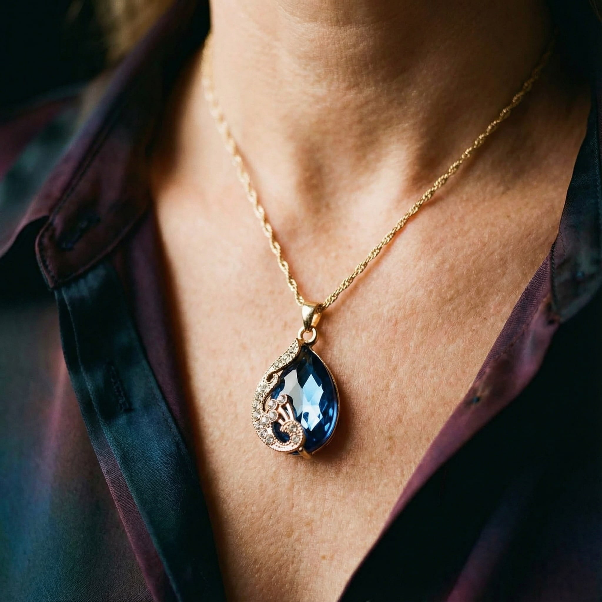 Conjunto de Colar e Brincos em Cristal Azul com Dourado