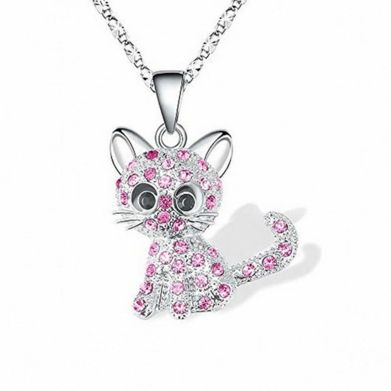 Colar Prateado com Gatinhos e Zircónias Coloridas