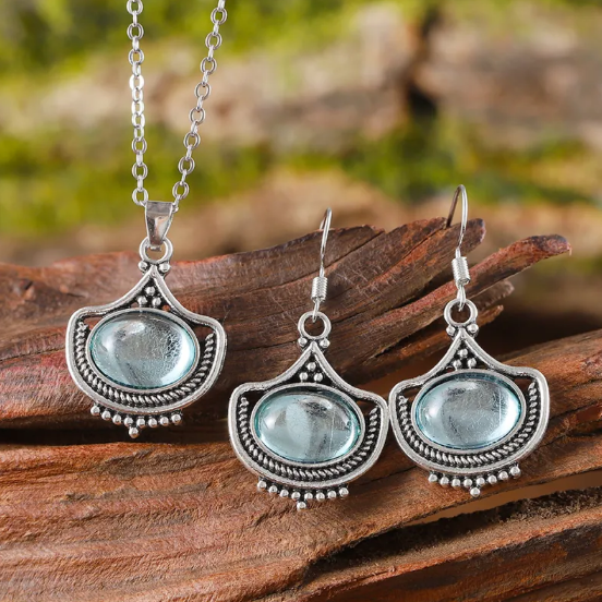 Conjunto Vintage de Colar e Brincos com Pedras Preciosas Ovais Azuis