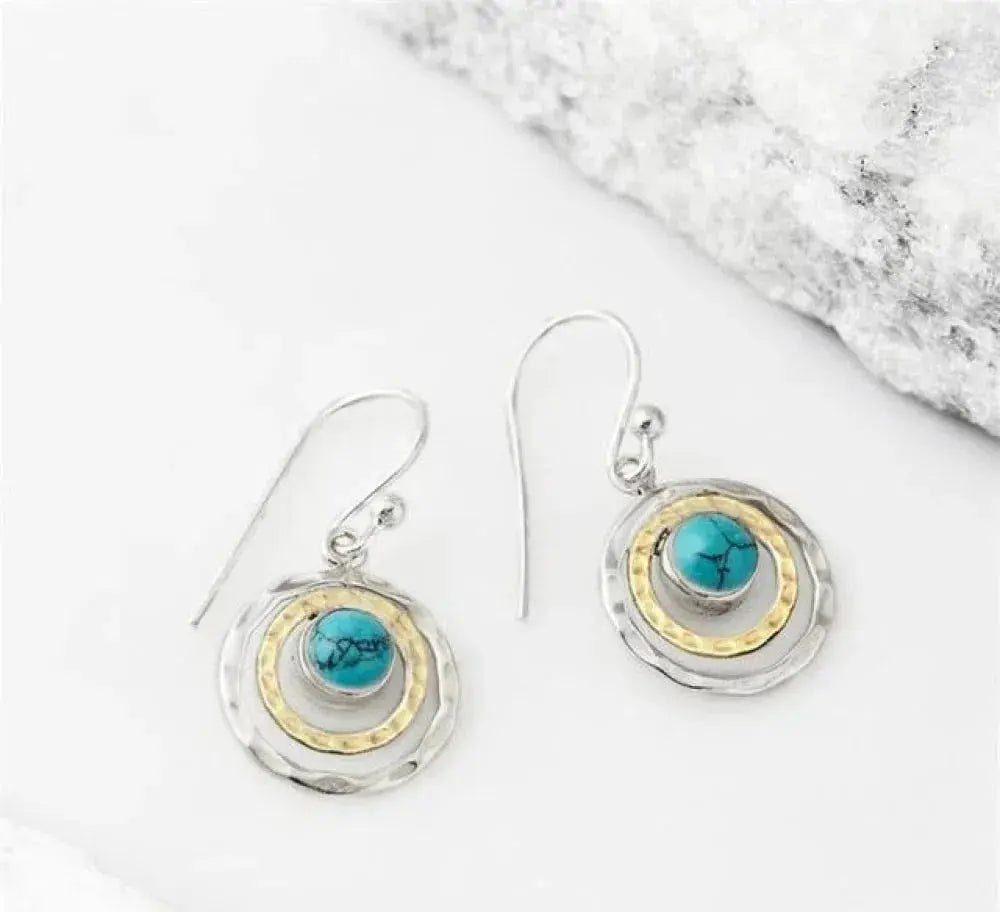 Brincos Boho Saturno com Pedra Turquesa em Prata e Ouro