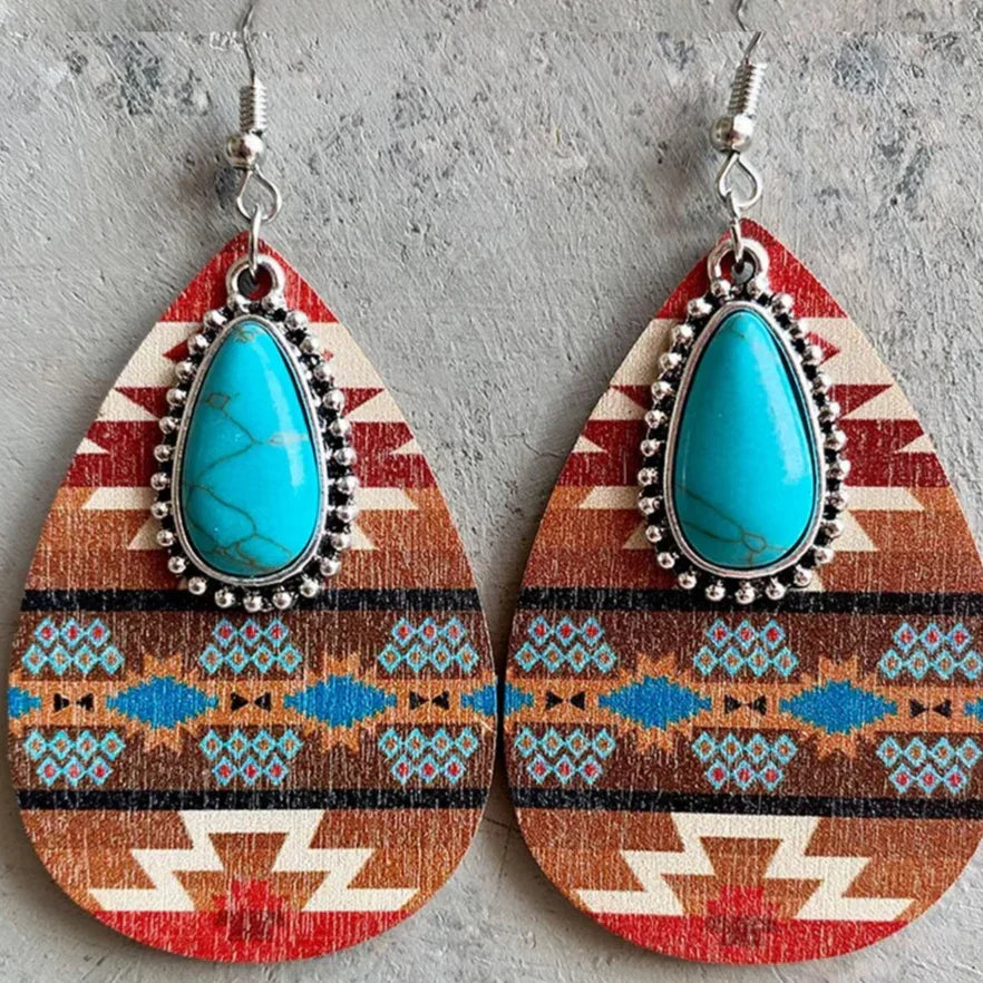 Brincos Pendentes Vintage Mandala com Pedra Turquesa