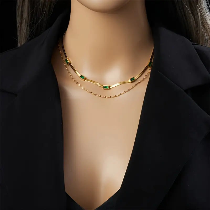 Colar Sorella Gem de duas camadas em ouro retro