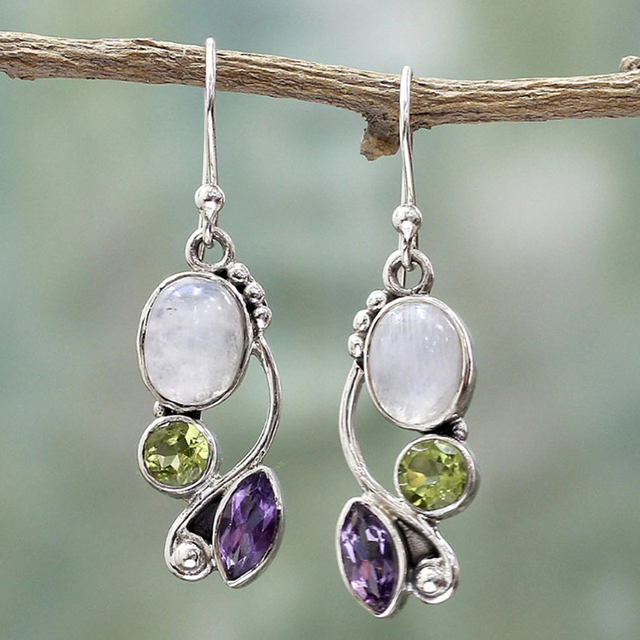 Brincos Vintage em Cristal e Pedra da Lua Roxa e Verde em Prata