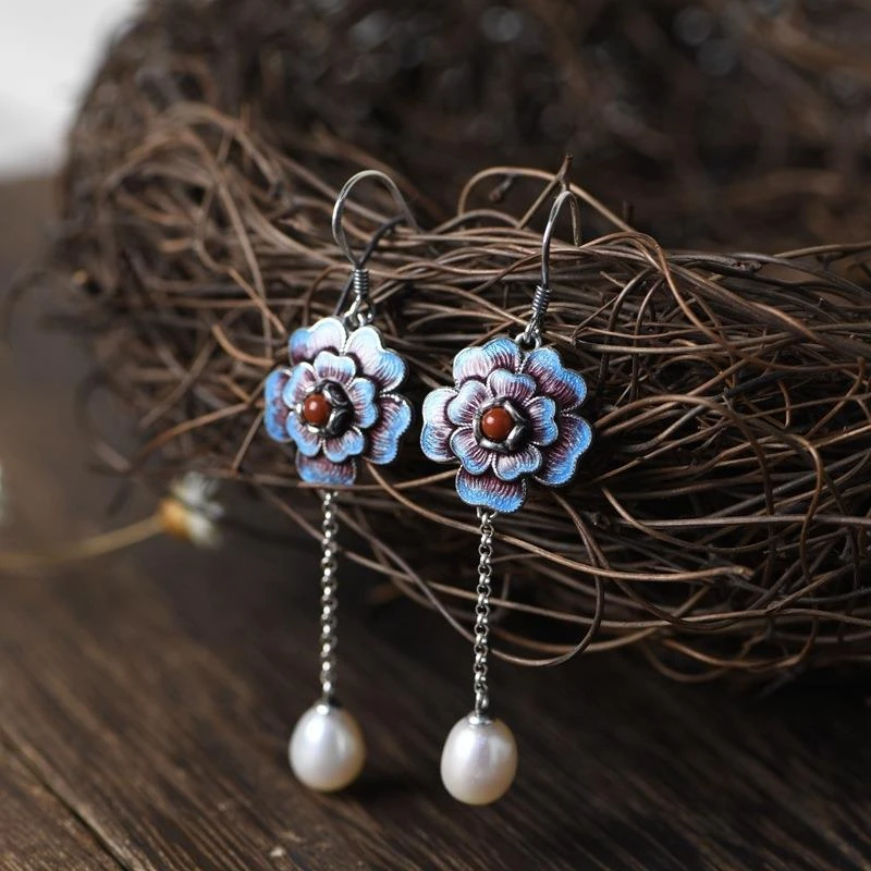 Brincos Vintage Flor Azul com Pérolas