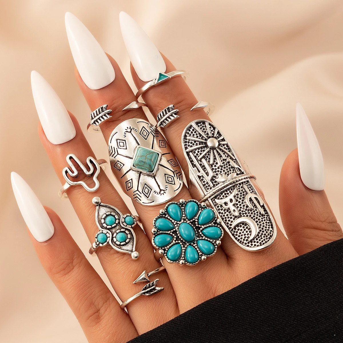 Conjunto de anéis vintage em prata e turquesa