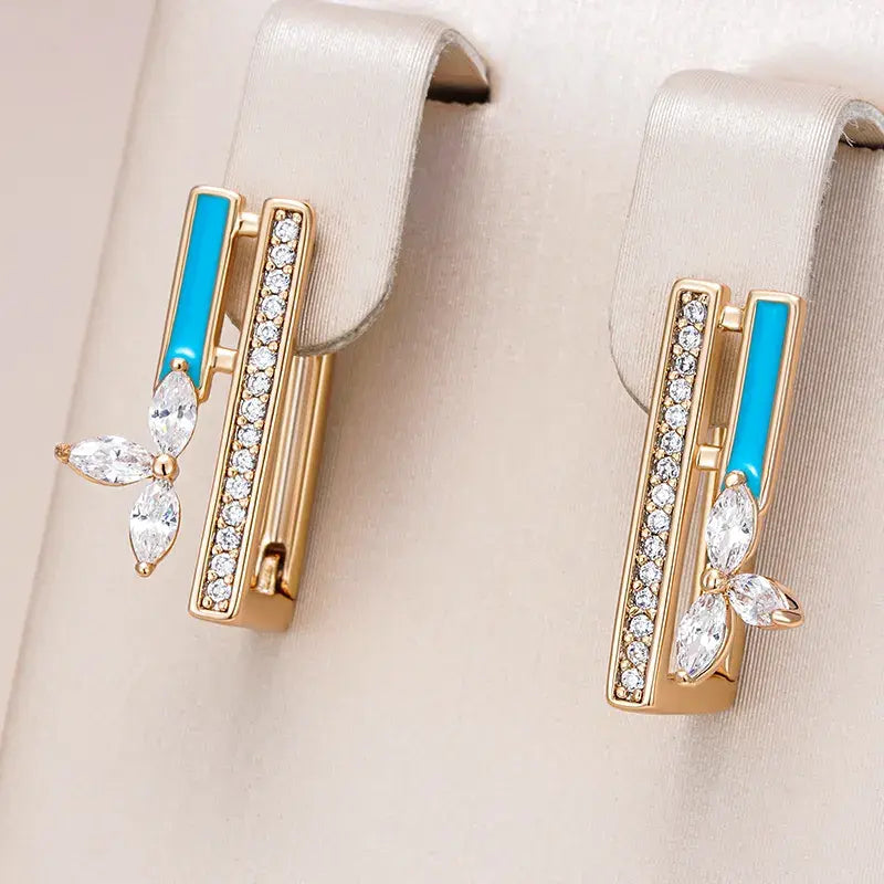 Brincos Elegantes com Esmalte Azul e Zircónia em Dourado