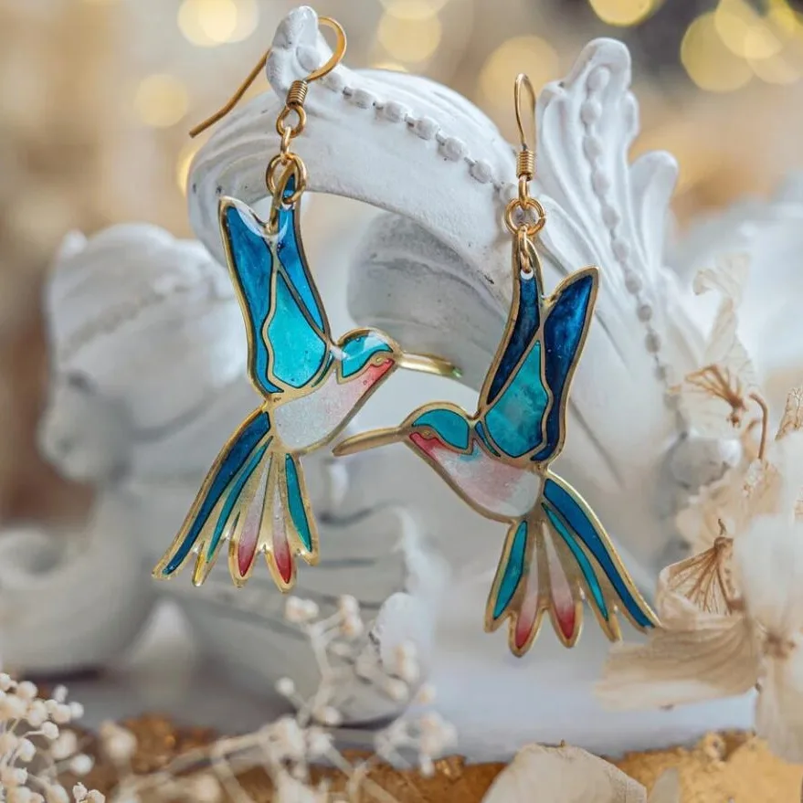 Brincos Vintage de Beija-flor em Esmalte Azul
