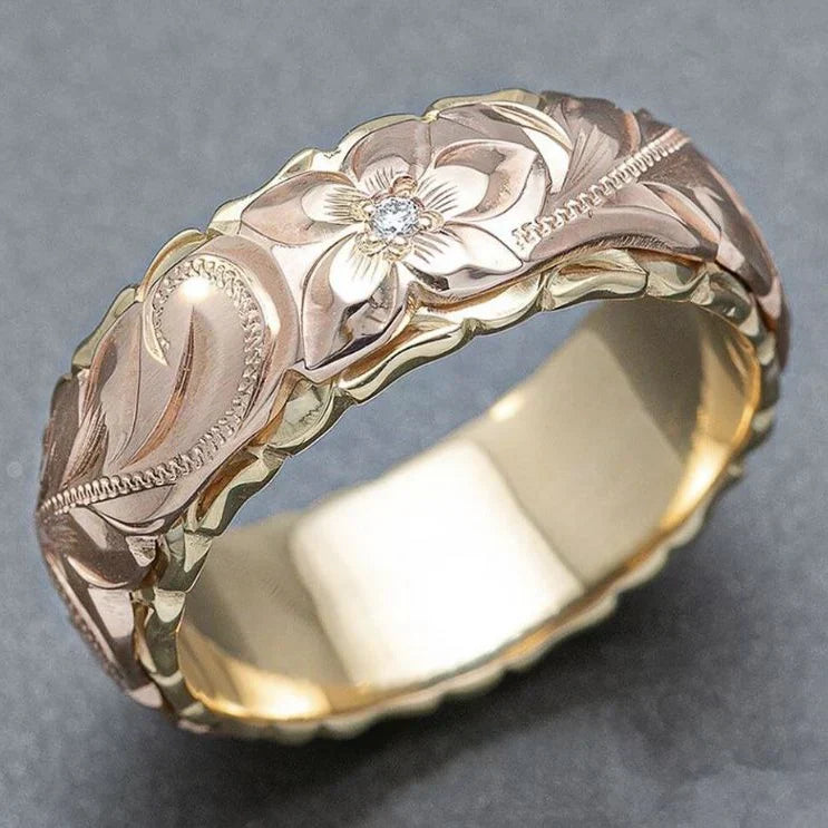 Anel Vintage com Flor Rosa Dourada