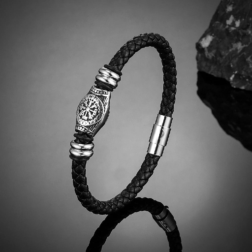 Pulseira de couro trançada Viking Compass preta