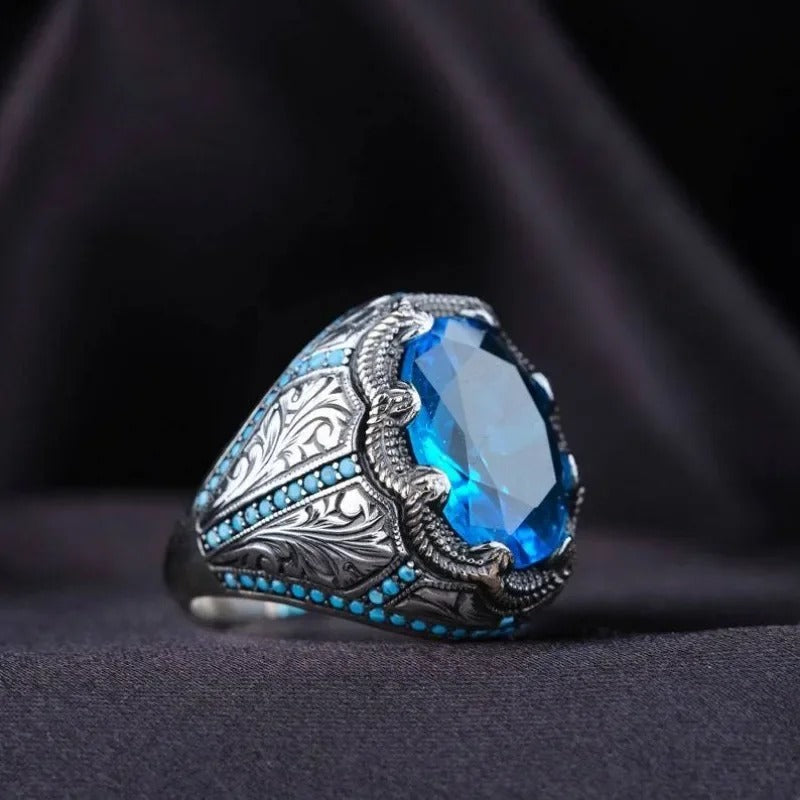 Anel Vintage Feito à Mão em Prata e Pedra Azul