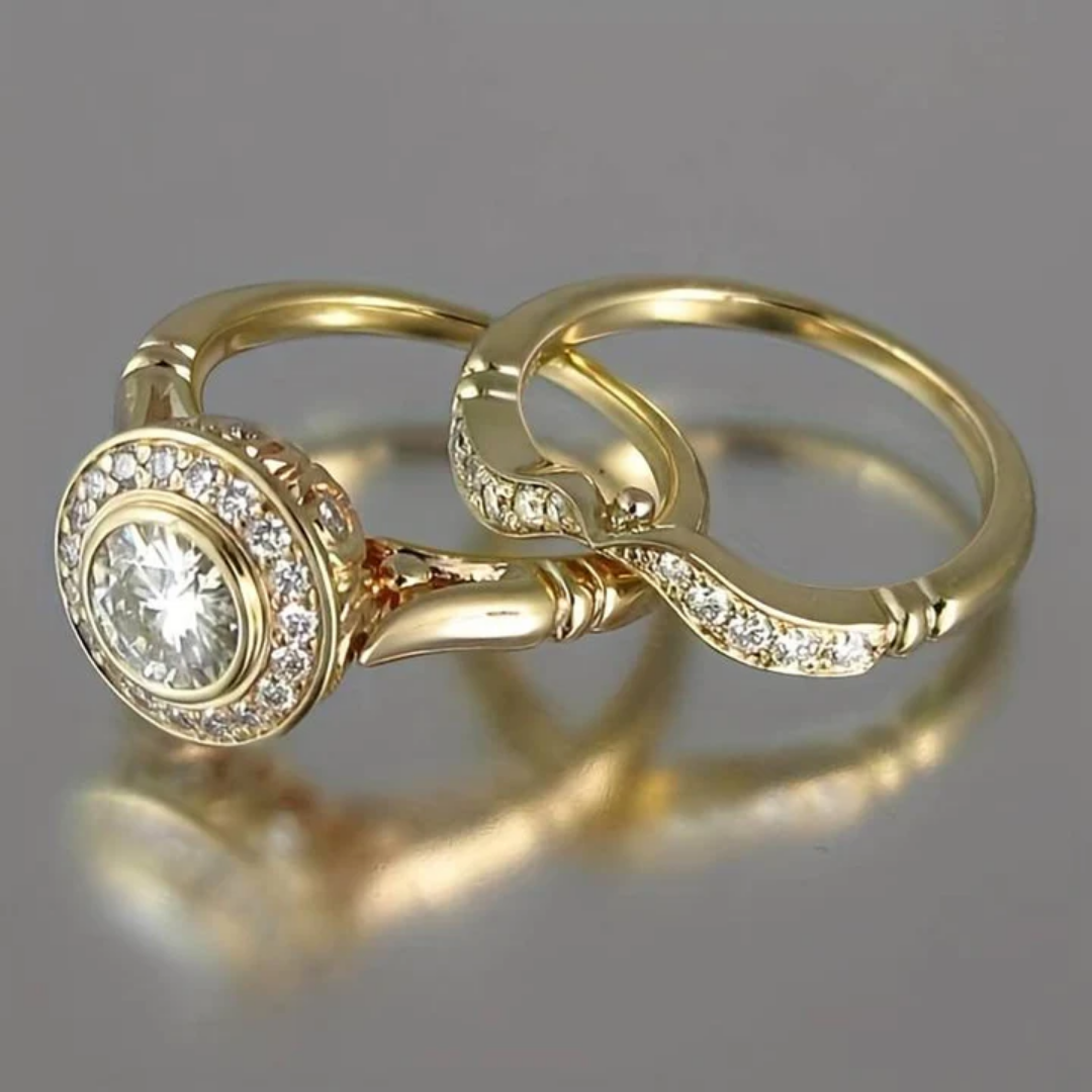 Conjunto de anéis vintage em ouro e zircônia
