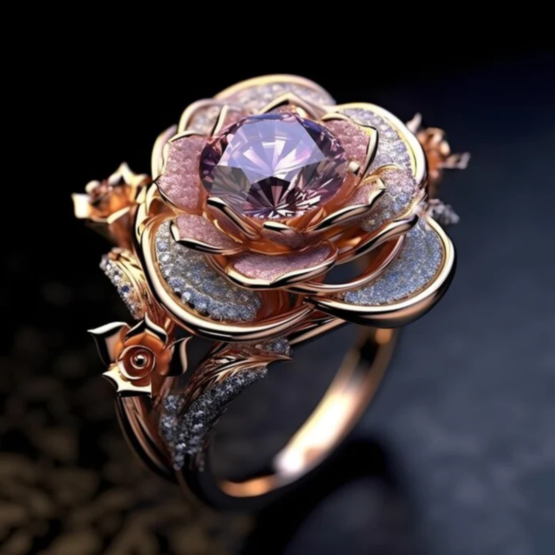 Anel Bilhante com Flores Exóticas em Camadas