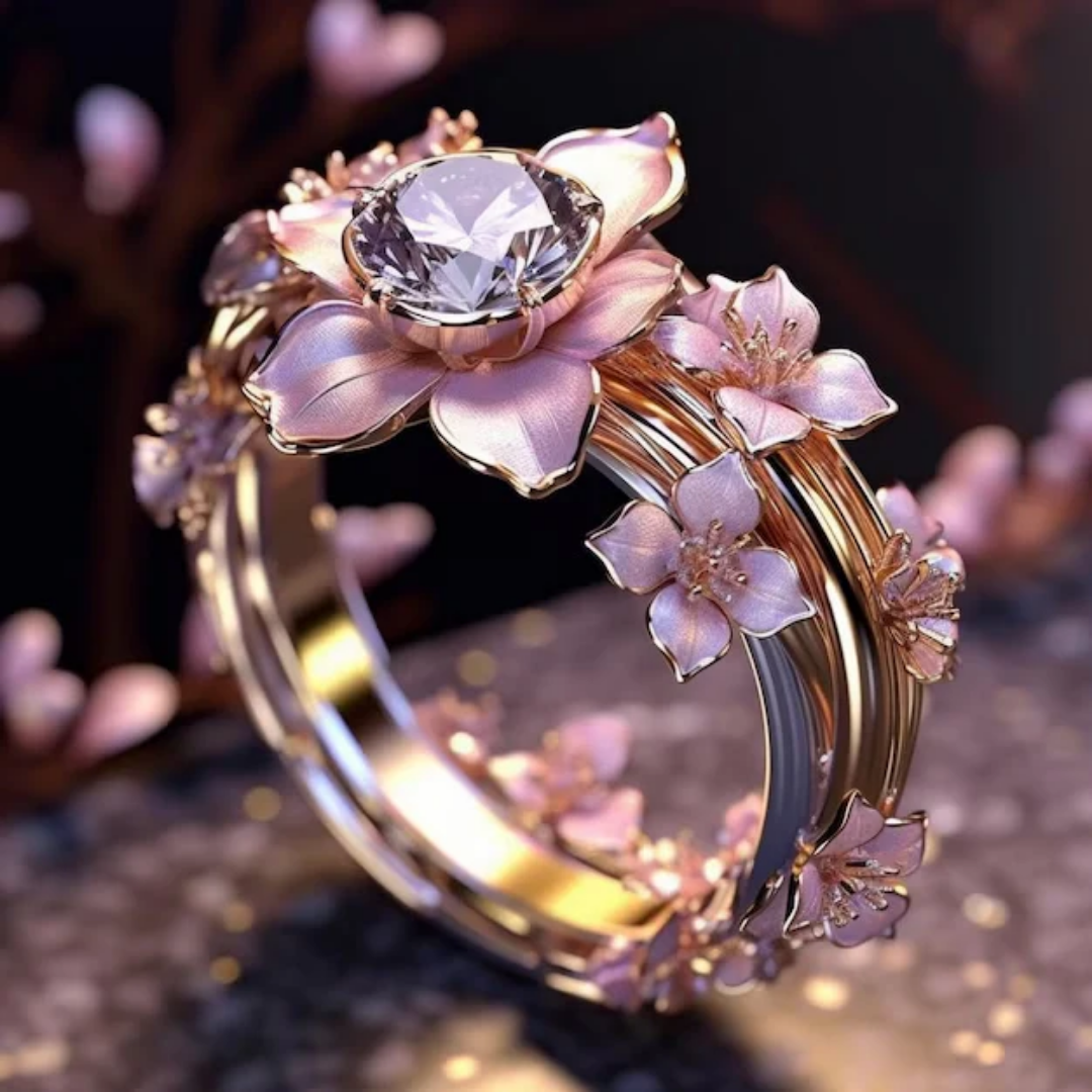 Anel de Cristal com Flor Rosa Exótica