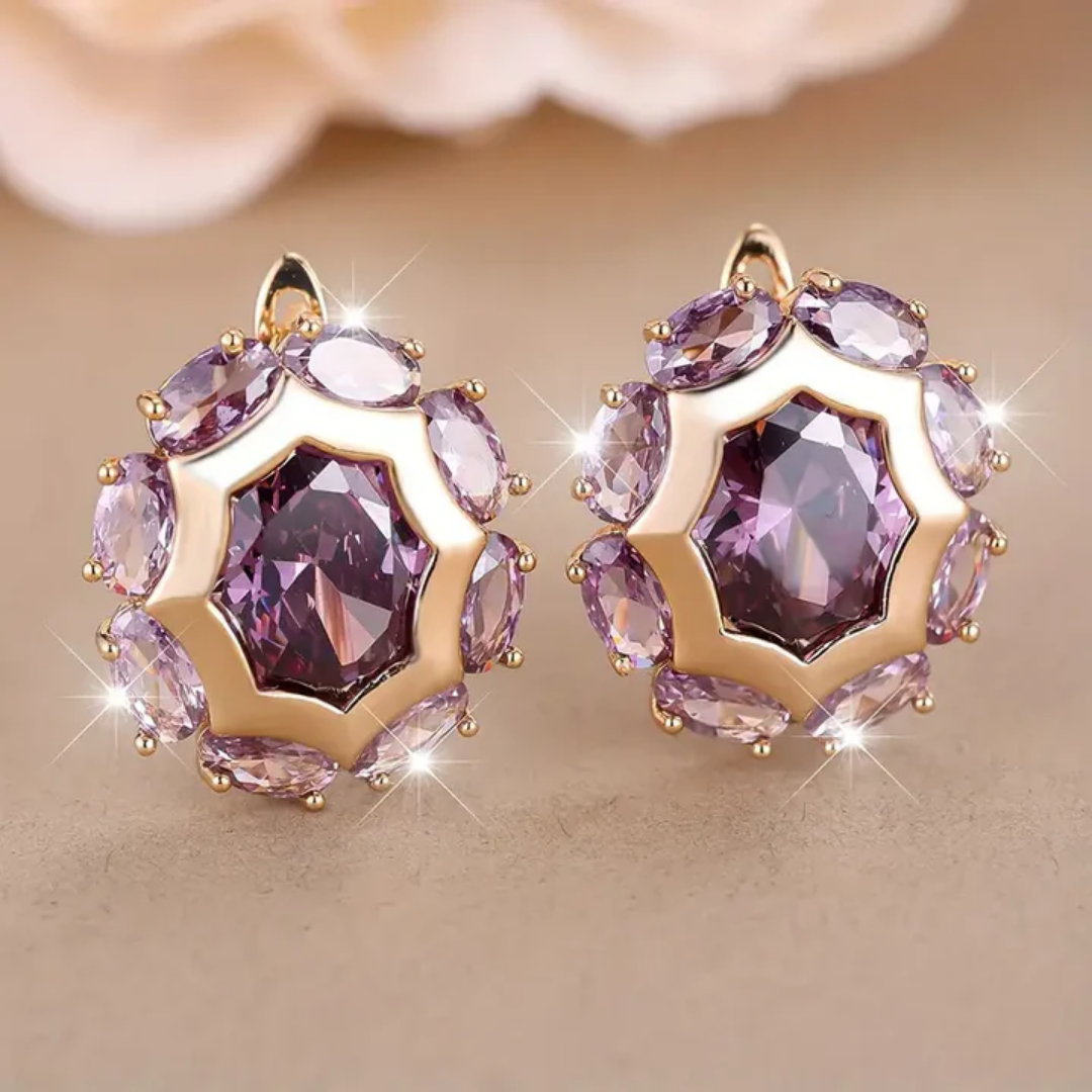 Brincos Redondos em Ouro com Zircônia Violeta