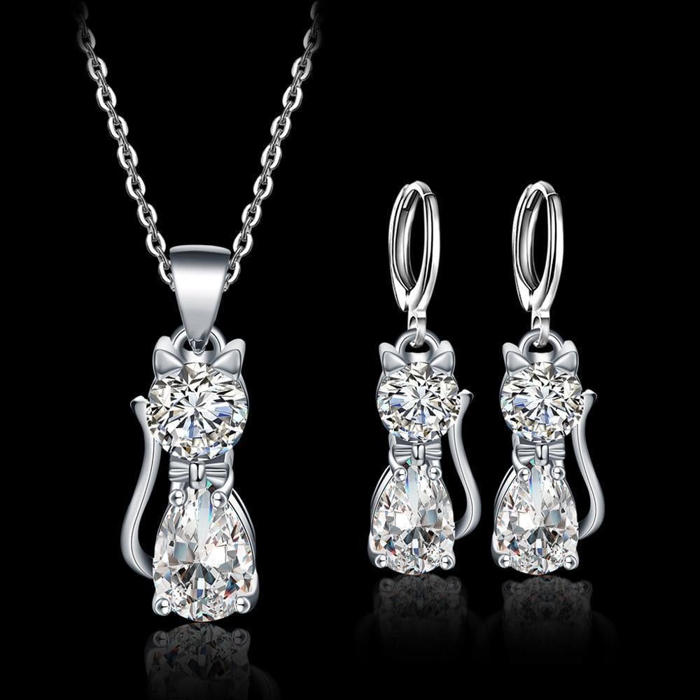 Conjunto de colar + brincos Happy Cats em prata e zircónio branco polido