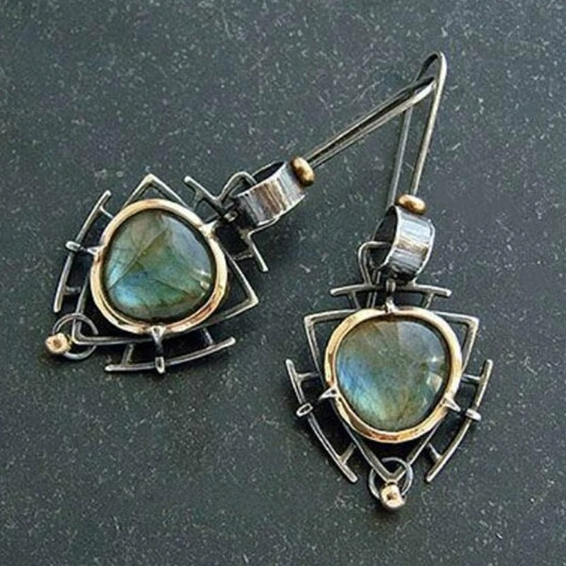 Brincos Vintage em Prata e Ouro com Labradorita